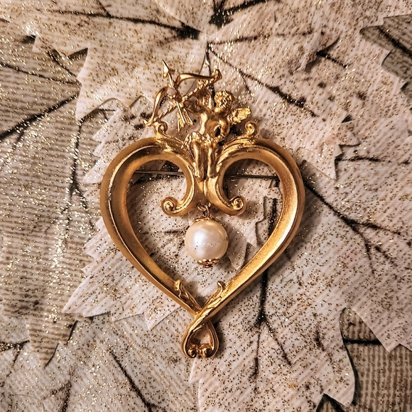 Vintage Goldtone Faux Pearl Heart Brooch Pin X-large - Picture 6 of 7